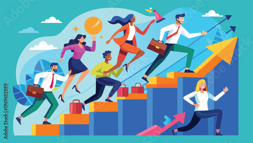 People run up stairs with briefcases and bags toward a goal under a sunny sky during a busy day in a city