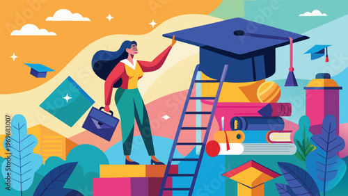 Graduation celebration with a woman holding a diploma and standing on a ladder in a colorful setting