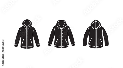 Three black hooded sweatshirts with white outlines side by side on white background  front views  closed zippers