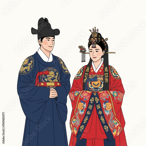 Korean couple in traditional hanbok royal attire, man and woman, illustration