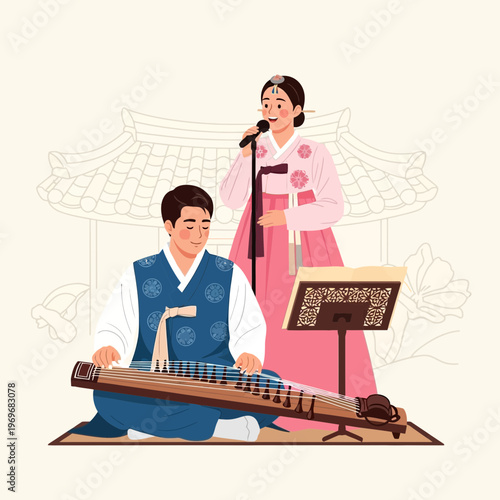 Korean couple performing traditional music, man playing gayageum, woman singing