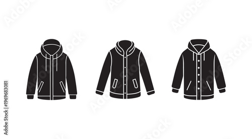 Three black hooded jackets with white outlines and different zippers and hoods  front views