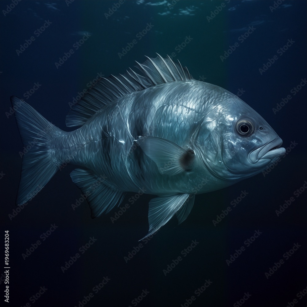 Naklejka premium silver snapper swimming in deep blue ocean waters, marine life portrait.