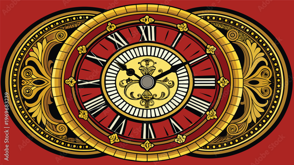 Obraz premium Clock design featuring Roman numerals and decorative patterns on a red background