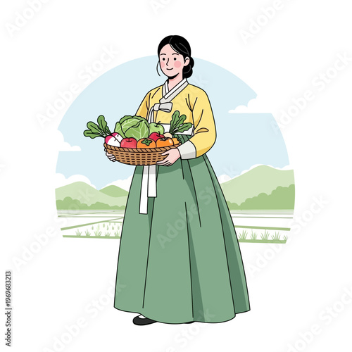 Korean woman in hanbok holding fresh vegetables in a basket