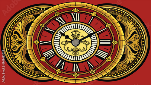 Clock design featuring Roman numerals and decorative patterns on a red background