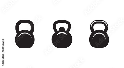 Three black kettlebell silhouettes in different positions for fitness and workout concepts  exercise equipment icons