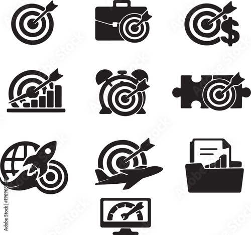 A collection of various business and marketing icons featuring targets with arrows and symbols