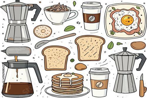 Breakfast coffee and food elements set with pancakes toast fried egg and moka pot, hand drawn cartoon vector illustration collection