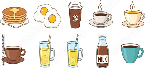Breakfast food and drinks collection with pancakes eggs coffee tea juice and milk, morning meal cartoon vector illustration set