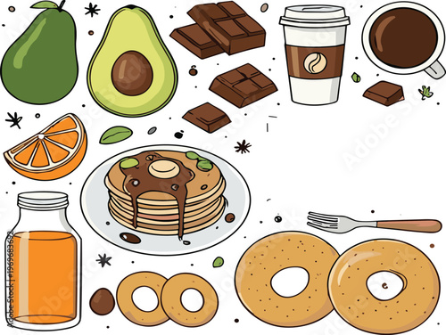 Breakfast food collection with pancakes bagels coffee chocolate and fruits, delicious morning meal cartoon vector illustration set