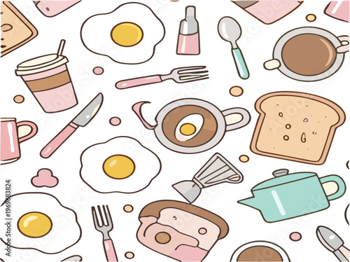 Breakfast seamless pattern with eggs toast coffee and kitchen utensils, cute food background cartoon vector illustration design