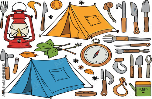 Camping equipment collection with tents lantern compass tools and outdoor gear, adventure hiking cartoon vector illustration set