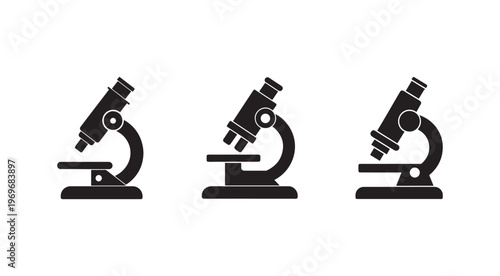 Three black microscope icons in different positions for biology science research and education purposes  laboratory equipment