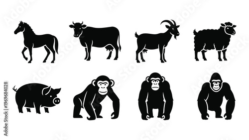 A collection of farm animals and primates are depicted in stark black shapes against a white background silhouette high quality professional