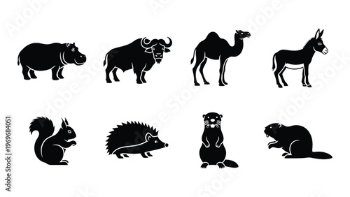 A collection of black silhouettes depicts various animals including a camel bison and squirrel in stark contrast silhouette high quality professional