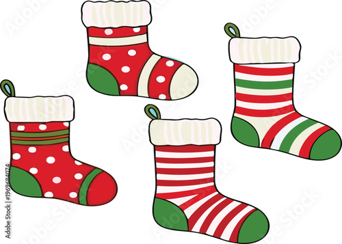 Christmas stocking collection with festive patterns, red green holiday socks for winter decoration cartoon vector illustration set