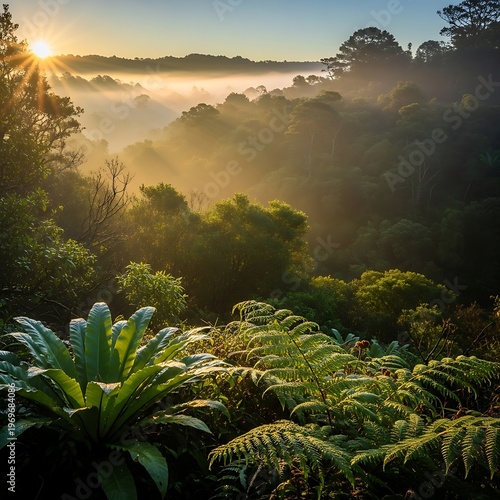 Morning Light Over Misty Forest With Ferns and Sunlit Foliage.