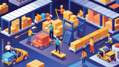 Workers handling packages in a warehouse during daytime with various equipment and vehicles in use