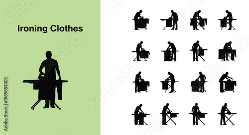 Modern vector illustration graphic design depicting various black silhouettes of people ironing clothes, emphasizing household chores and daily life.