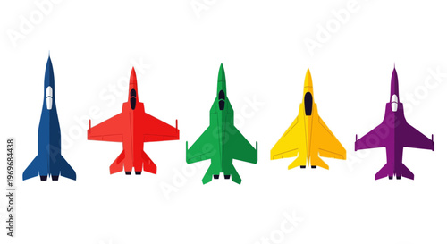 Top View Modern Fighter Jet Aircraft Vector Set in Multiple Colors Isolated on White Background.
