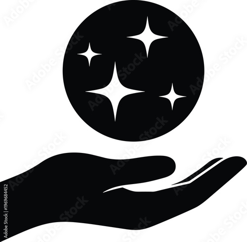 A black silhouette hand holding a floating magic crystal ball with shining stars icon for spiritual, mystical, and fantasy concepts.