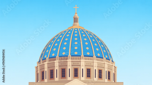St peter's basilica dome with blue roof and gold accents against clear blue sky vatican city landmark architecture