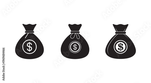 Three black money bags with dollar sign on white background  financial icons  cash and wealth symbols