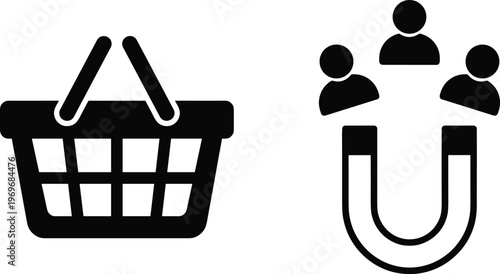 Black Shopping Basket and Customer Retention Magnet Icon Set Representing E-commerce Marketing, Consumer Attraction, Retail Sales, and Online Business Growth Strategies