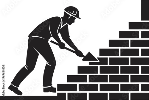 Brick Wall Construction Process with Masonry Work and Cement Mortar Application