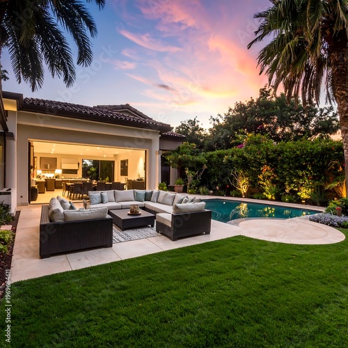 A luxurious outdoor patio space at dusk featuring a pool, lush greenery, and comfortable seating arrangements, illuminated by warm lighting