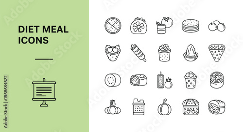 Diverse vector line art illustration featuring various diet meal icons for healthy eating and nutrition graphic designs.