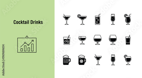 A diverse vector illustration graphic presenting a comprehensive collection of stylish drink icons, including popular cocktails, wine glasses, and refreshing beer mugs.