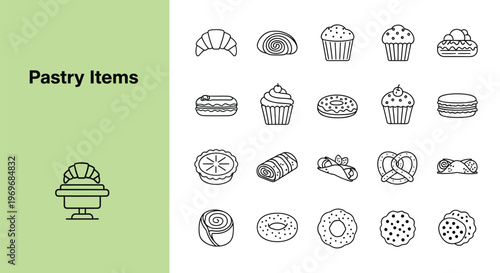 A delightful collection of assorted bakery and sweet dessert vector icons, showcasing popular pastry items for menu designs and food-related projects.