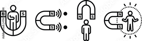 Magnetism and Human Influence Concept Set Featuring Attraction, Personal Magnetism, Professional Networking, Human Energy Fields, and Powerful Interpersonal Relationships Marketing Icons