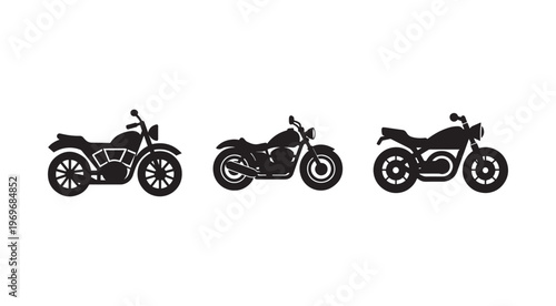 Three black motorcycle silhouettes in different positions facing right on white background