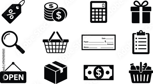 Comprehensive Retail and E-commerce Icon Set Featuring Shopping Baskets, Currency, Discount Tags, Delivery Boxes, Payment Methods, and Business Finance Symbols