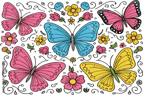 Colorful butterflies and flowers decorative pattern with ornamental elements, vibrant nature cartoon vector illustration background design
