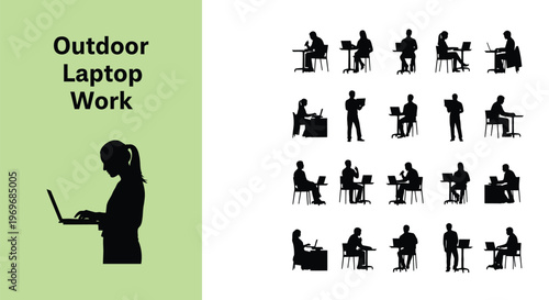 This comprehensive vector graphic set illustrates modern professionals actively working on laptops and tablets in various poses and settings.