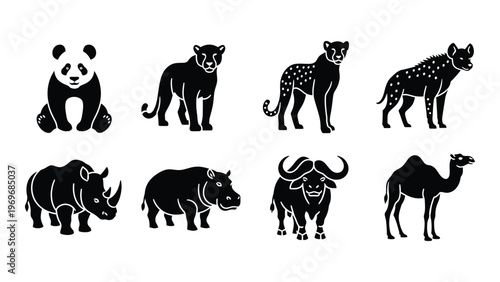 A collection of diverse african and asian animals displayed in a stark black silhouette style high quality professional detailed modern elegant