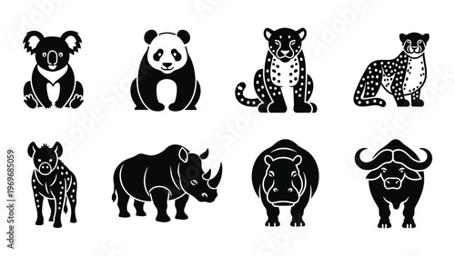A collection of diverse animal figures including koalas pandas leopards and rhinos rendered in a striking silhouette high quality professional detailed