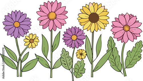 Colorful garden flowers collection with hand drawn floral plants and leaves, botanical cartoon vector illustration set