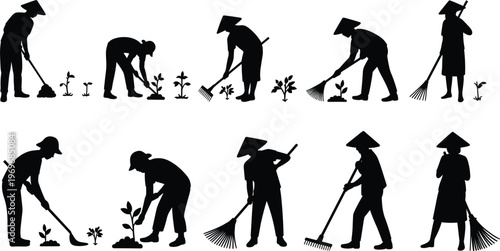 Farmers Working in Field Silhouettes with Plants agriculture farming