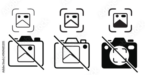 Fotografie Photography Restriction and No Camera Signs - Camera Shutter and Lens Vector Ico