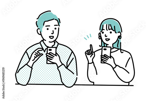 スマホを操作しながら会話するカジュアルな服装の若い男女