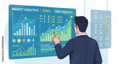 Businessman analyzing financial data on digital screen for market analytics