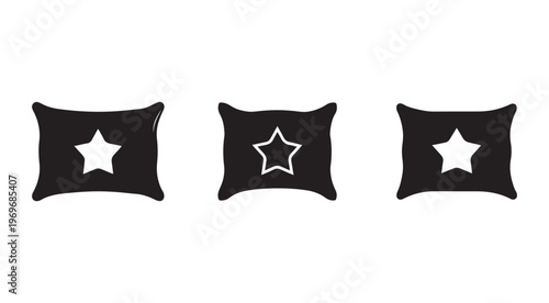 Three black pillows with white star shapes on them in a row on white background  home decor and furniture design elements