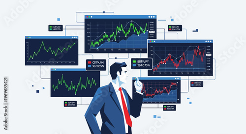 Businessman analyzing financial data on multiple computer screens