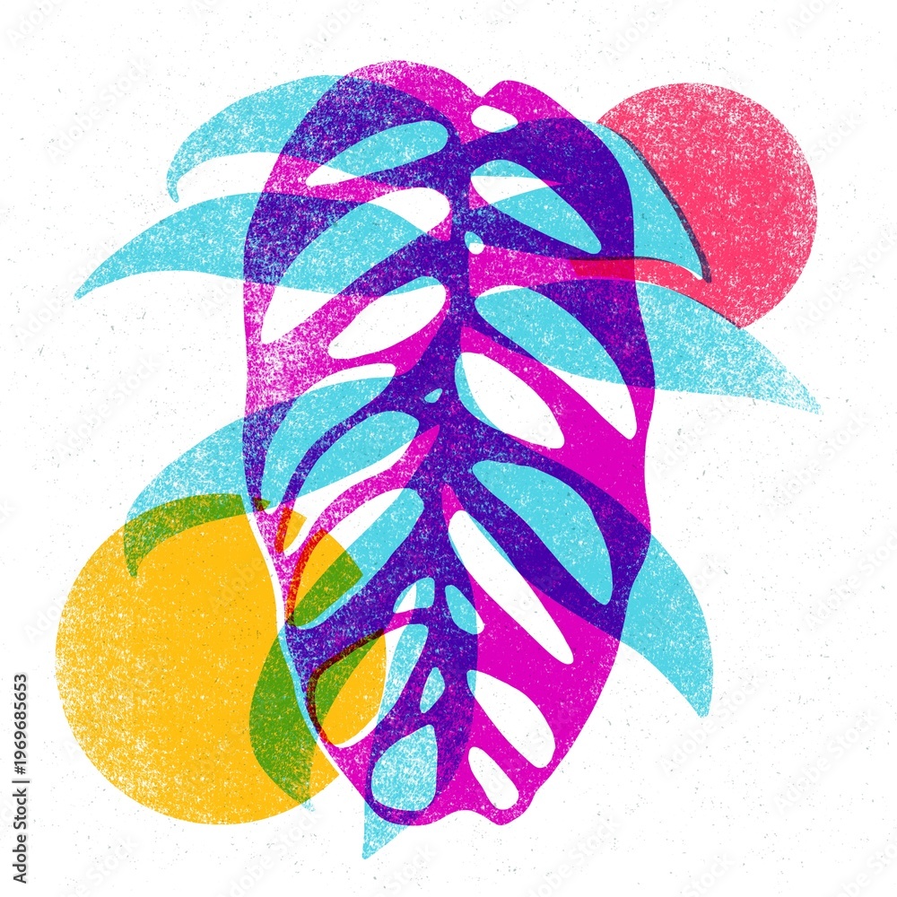 Obraz premium Colorful leafs and geometric shapes in trendy riso graph design. Geometry elements with multiesxposure effect, abstract risograph print texture style.