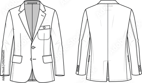 Classic tailored blazer front and back view line art fashion illustration formal jacket design isolated apparel template clean style